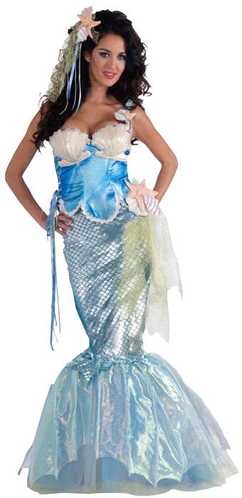 Mermaid Women's Mythical Costume Metallic Blue Fancy Dress Front