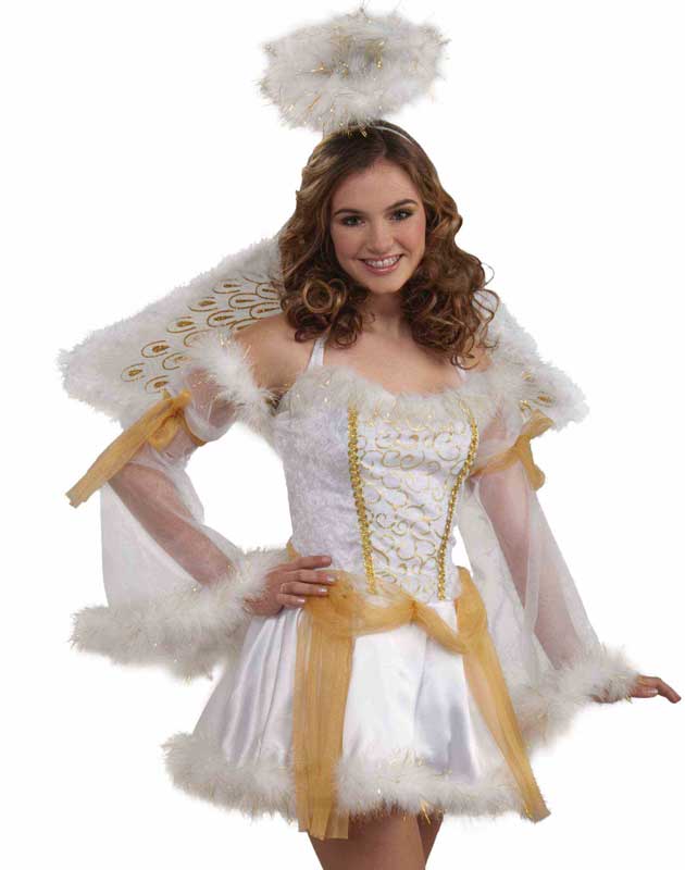 Girl's White and Gold Angel Fancy Dress Costume Front