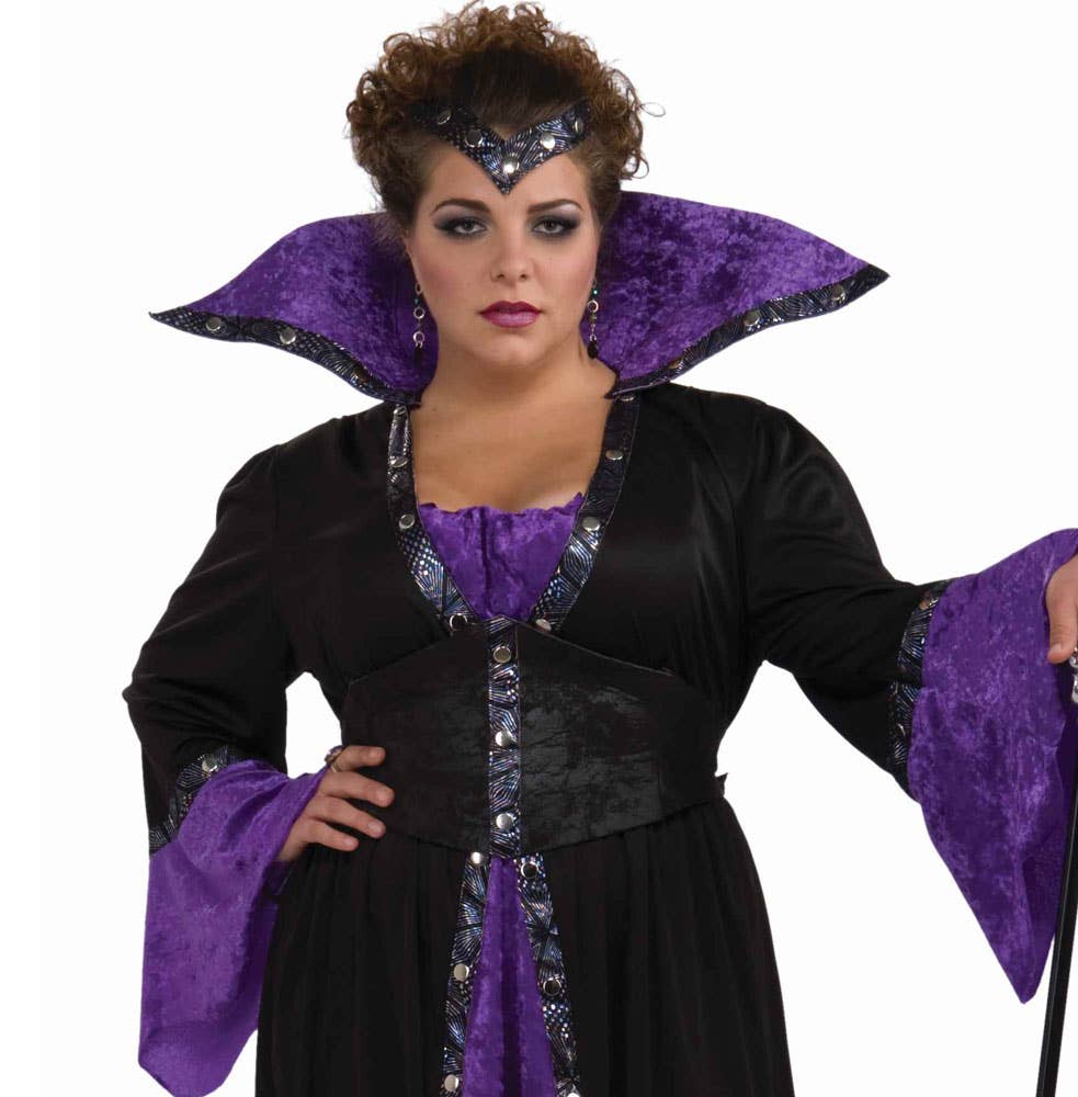 Black and Purple Velvet Women's Plus Size Sorceress Halloween Costume - Close Up Image