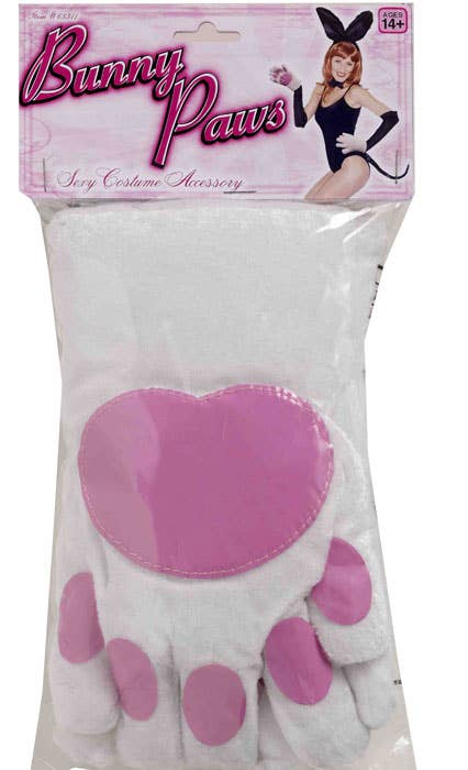Plush White and Pink Easter Bunny Costume Gloves