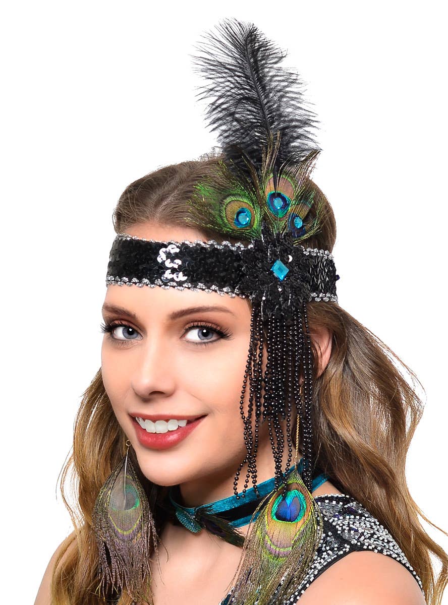 Deluxe Peacock Feather Gatsby Flapper Headband - Main Image