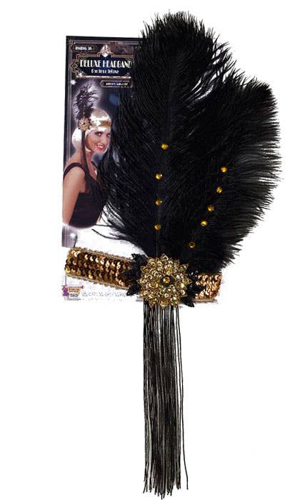 Black and Gold Beaded Feather Flapper Headband