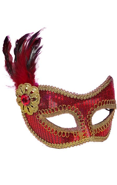 Red and Gold Sequinned Masquerade Mask With Side Appliqué View 2