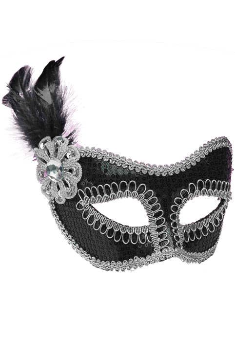 Black and Silver Sequinned Masquerade Mask With Side Appliqué