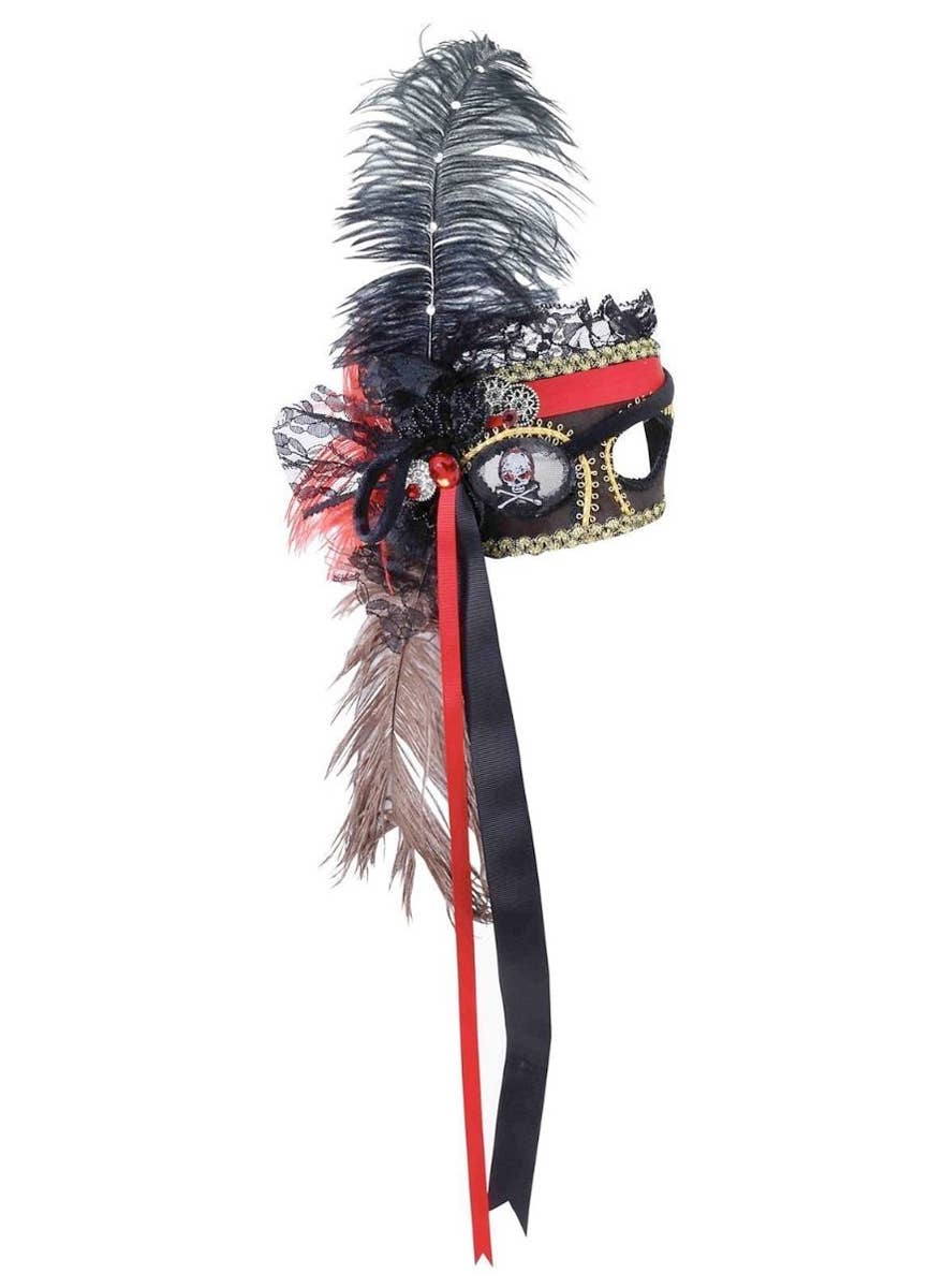 Deluxe Black and Red Pirate Masquerade Mask with a Decorative Side Feather View 1