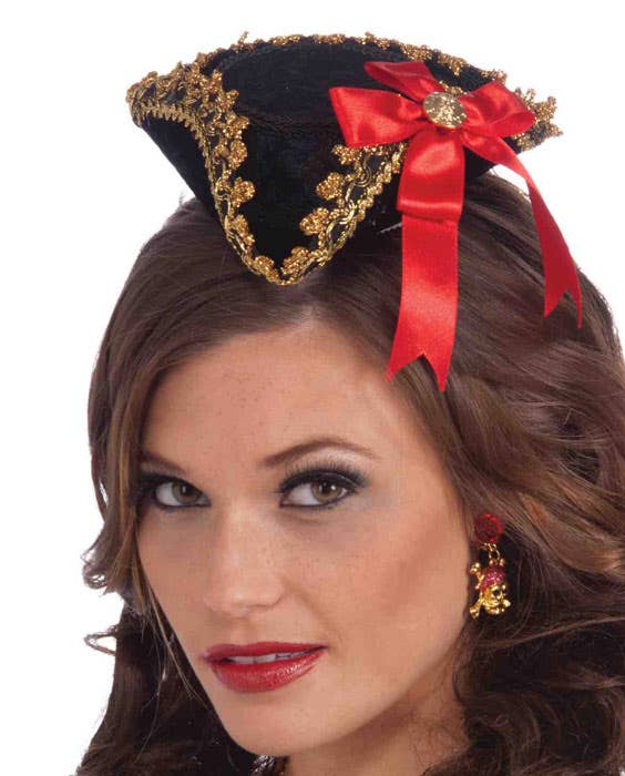 Mini Black Tricorn Pirate Costume Hat with Gold Trim and Red Bow - Alternative View