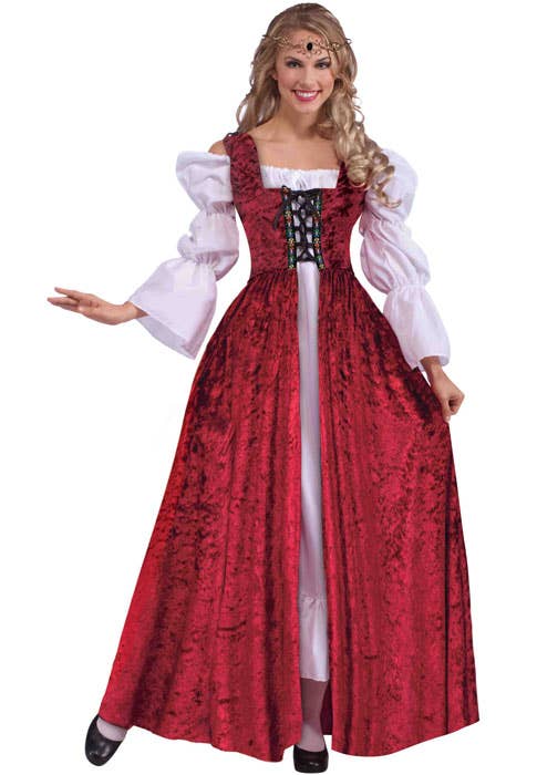 Womens Long Red Renaissance Medieval Maiden Overgown - Main Image