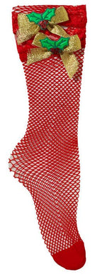 Red Fishnet Christmas Stockings with Gold Glitter Bows and Holly Details  - Main Image