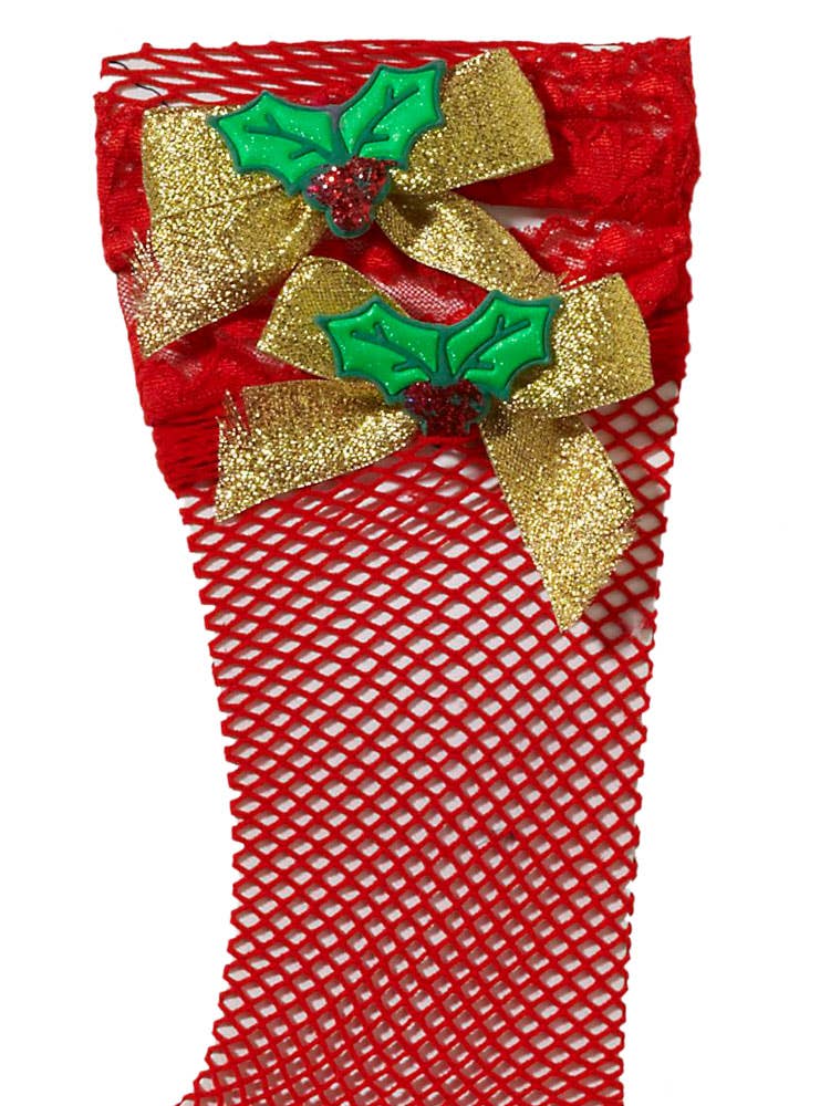 Red Fishnet Christmas Stockings with Gold Glitter Bows and Holly Details  - Alternate Image