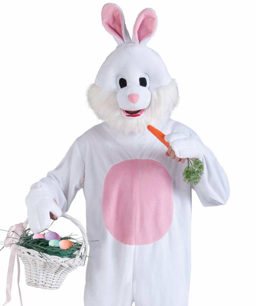 Deluxe Adult's Plush Pink and White Easter Bunny Mascot Costume - Close Up Image