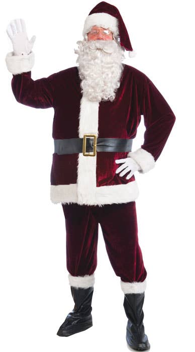 Crimson Red Velvet Men's Santa Claus Christmas Costume - Front Image