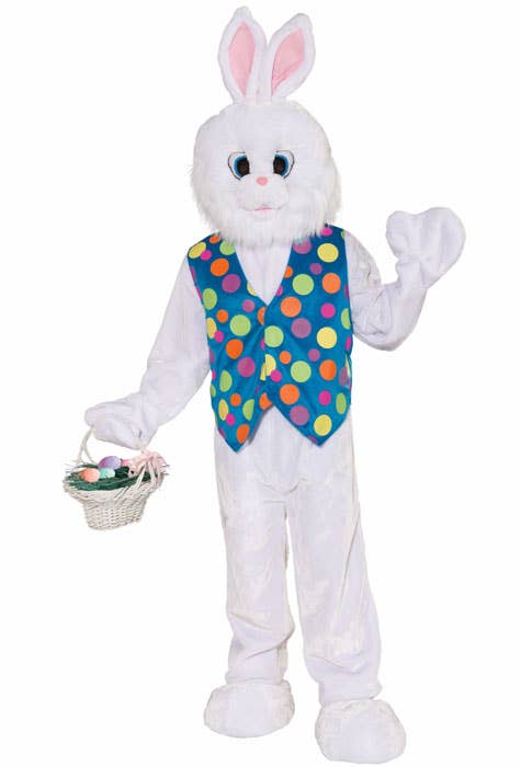 Deluxe Adult's Plush Blue and White Easter Bunny Mascot Costume - Main Image