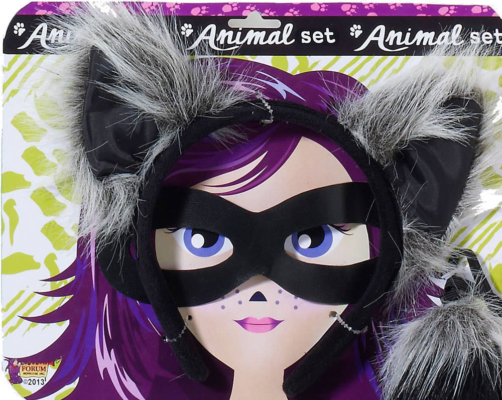 Furry Black and Grey Striped Raccoon Ears, Mask and Tail Costume Accessory Set - Close Image