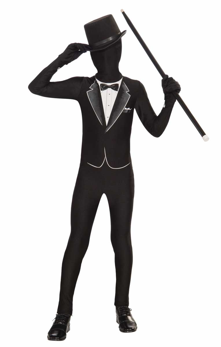 Teen Boy's Black Tuxedo Lycra Skin Suit Costume Front View