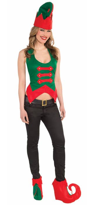 Red and Green Christmas Elf Costume Kit with Hat and Shoe Covers - Main Image