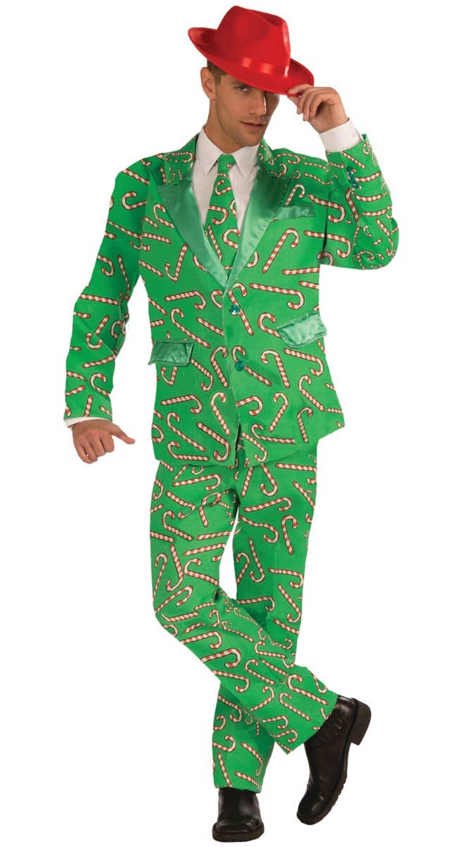 Green Candy Cane Print Christmas Costume Suit For Men - Main Image
