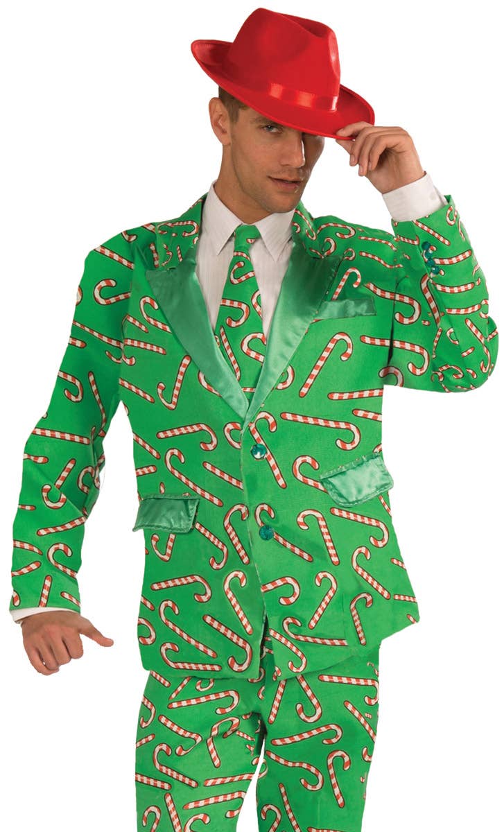 Green Candy Cane Print Christmas Costume Suit For Men - Alternative Image
