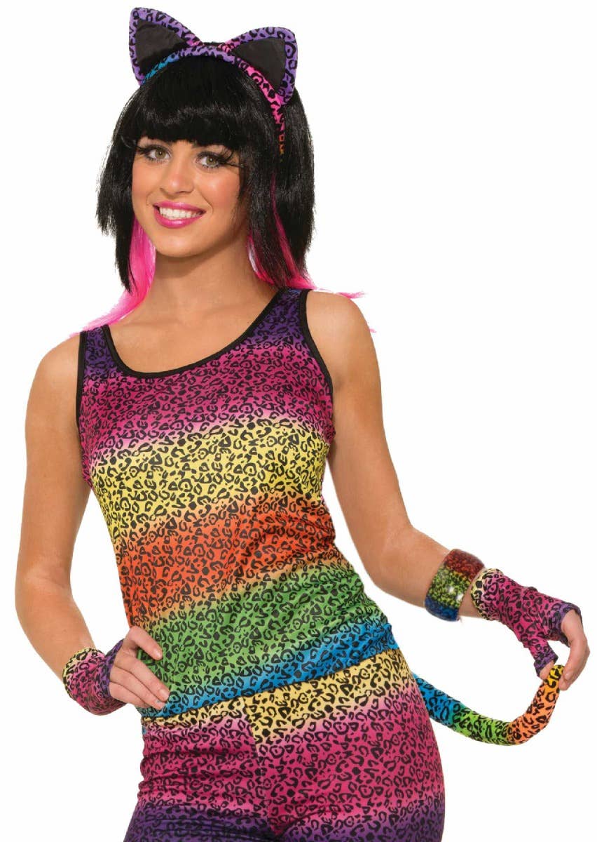 Women's Neon Coloured Cat Ears And Tail Set With Leopard Print 1980's Costume Accessory Main Image
