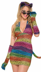 Image of Long Velvet Rainbow Leopard Print Gloves