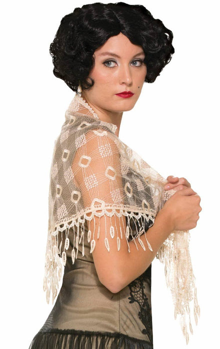 Women's Cream Coloured Lace Shoulder Shawl Costume Accessory for 1920's Costume Main Image