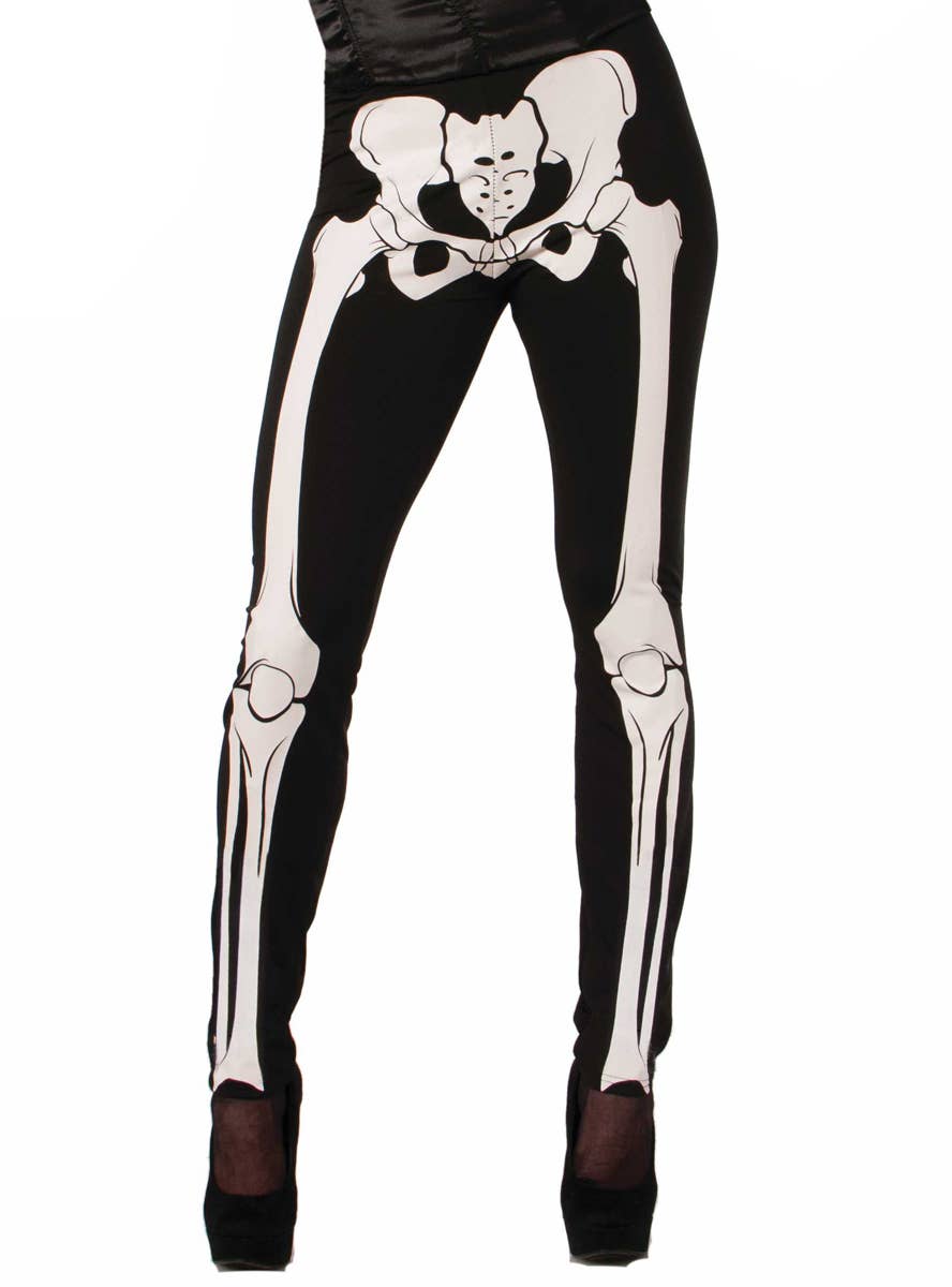 Women's Black and White Skeleton Print Costume Leggings Alt Image 