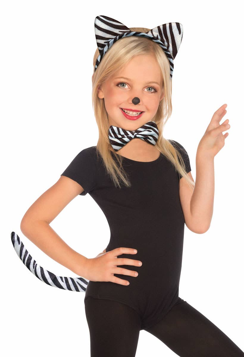 Girl's Cute Zebra Costume Accessory Set with Ears, Bow Tie and Tail