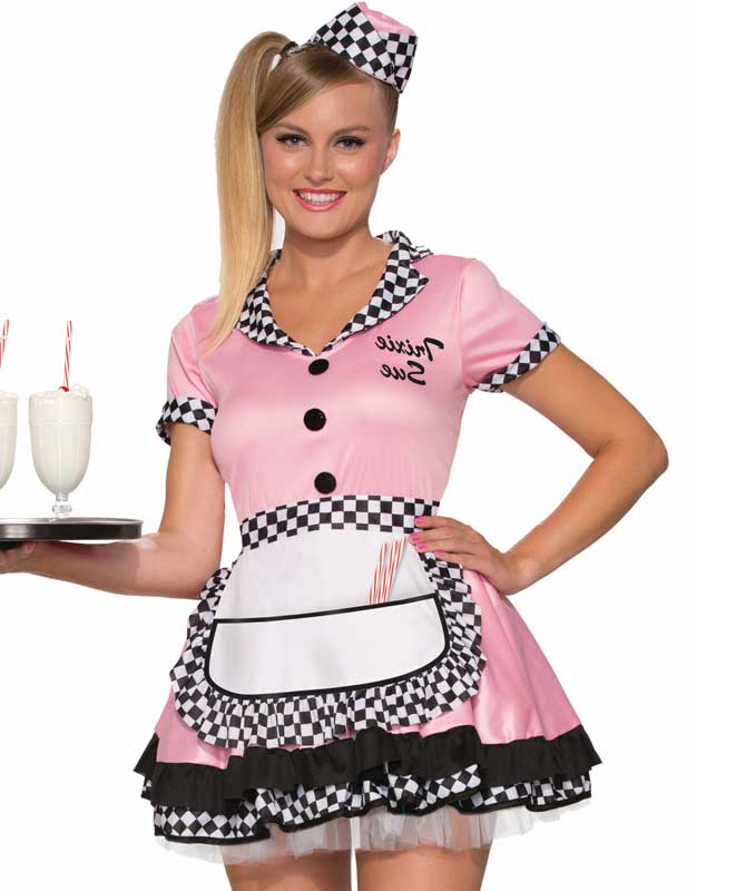 Women's 50's Pink Waitress Uniform Fancy Dress Close Up View