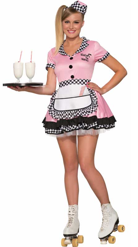 Retro 1950's Women's Pink Roller Waitress Costume Front View