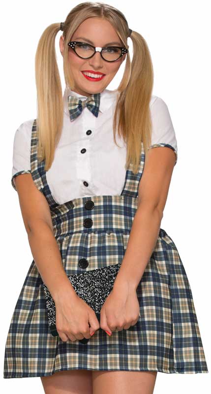 Womens Retro Tartan Girl Geek School Uniform 50s Dress Up Costume - Close View