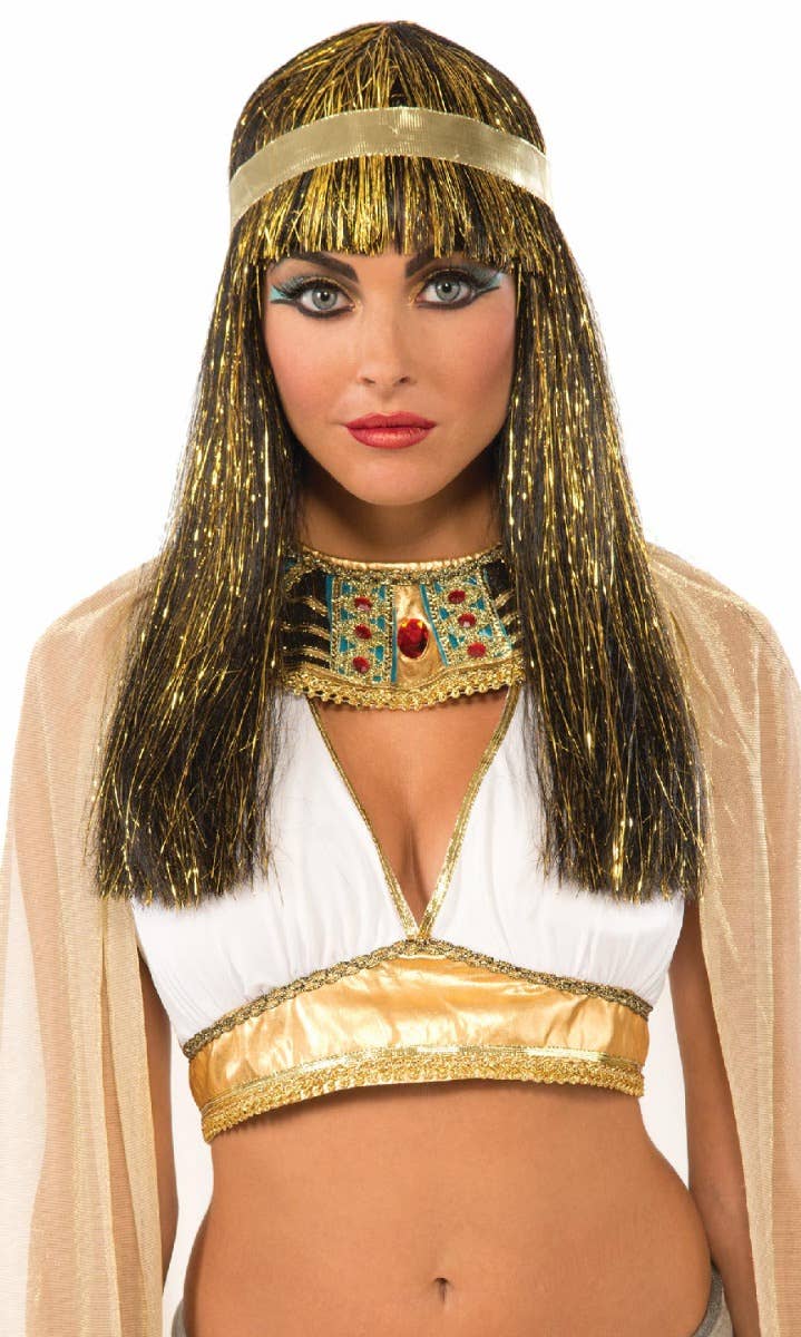Image of Cleopatra Gold Tinsel Black Costume Wig with Ribbon Headband