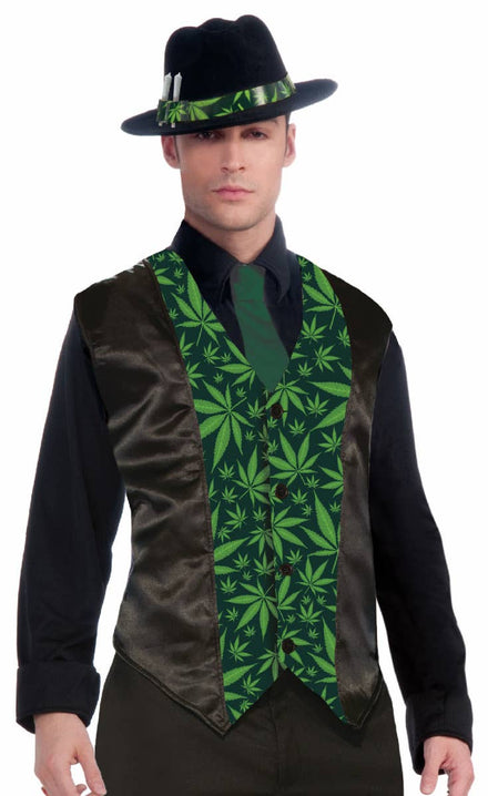 Marijuana Leaf Print Novelty Men's Black Satin Vest Main Image