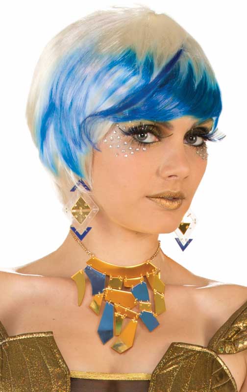 Short Pixie Blonde Women's Costume Wig with Blue Dipped Dyed Fringe