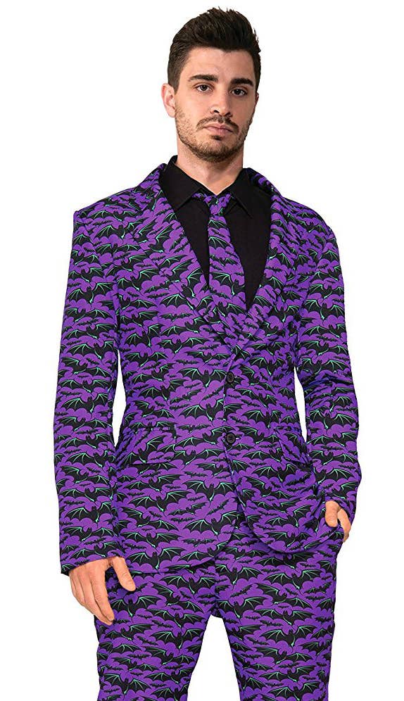 Men's Purple Bat Suit Deluxe Fancy Dress Halloween Costume Close Image