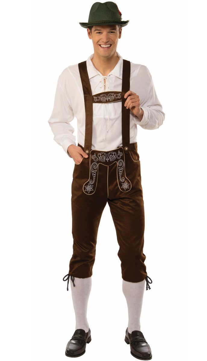 Men's Brown Lederhosen Oktoberfest Fancy Dress Costume Main Image