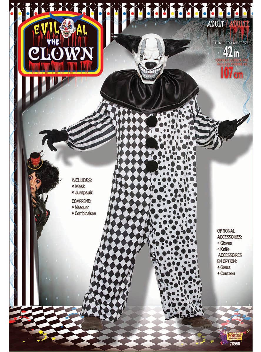 Men's Plus Size Black and White Evil Clown Costume - Packaging Image