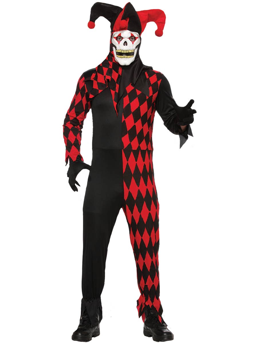 Red and Black Jester Costume | Mens Halloween Harlequin Jumpsuit