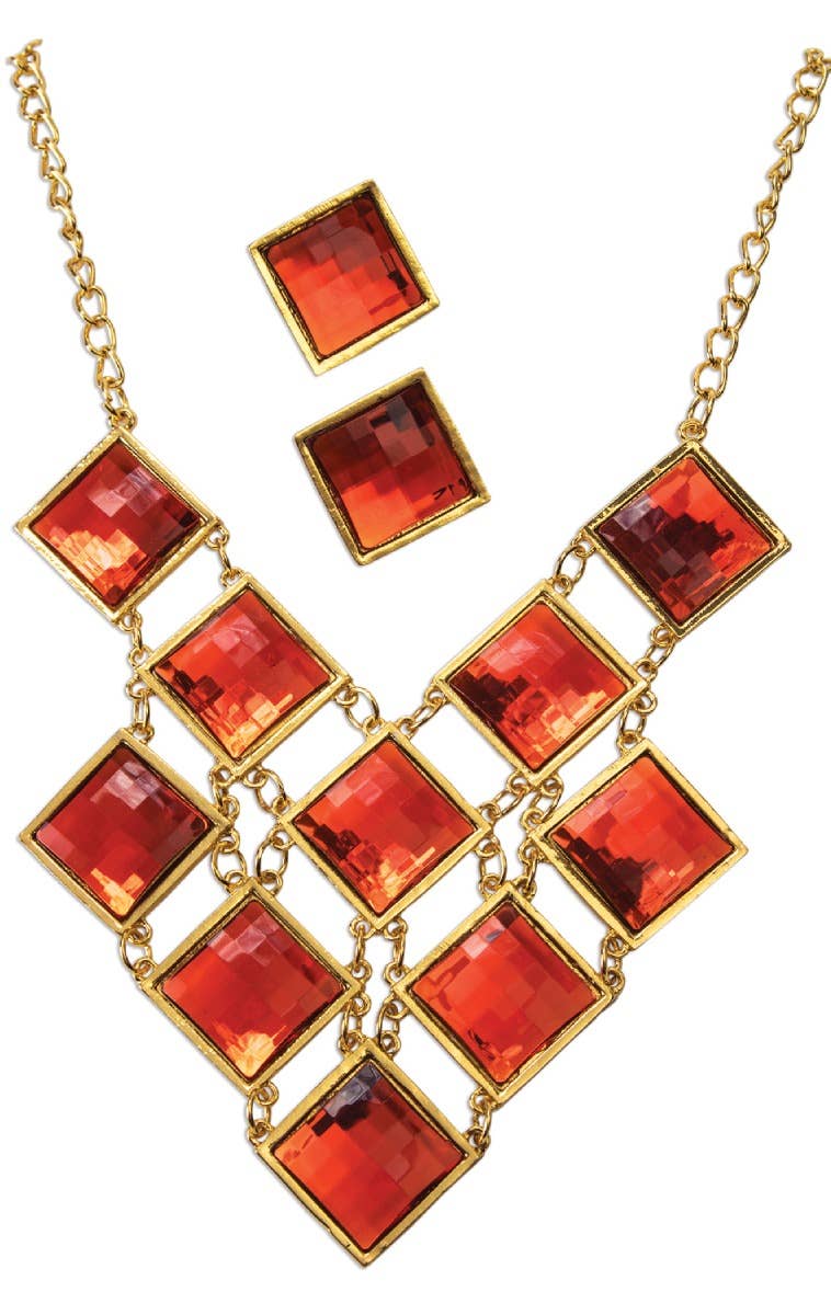 Women's Gatsby Roaring 20's 1920's Red And Gold Necklace And Earrings Jewellery Costume Accessory Set