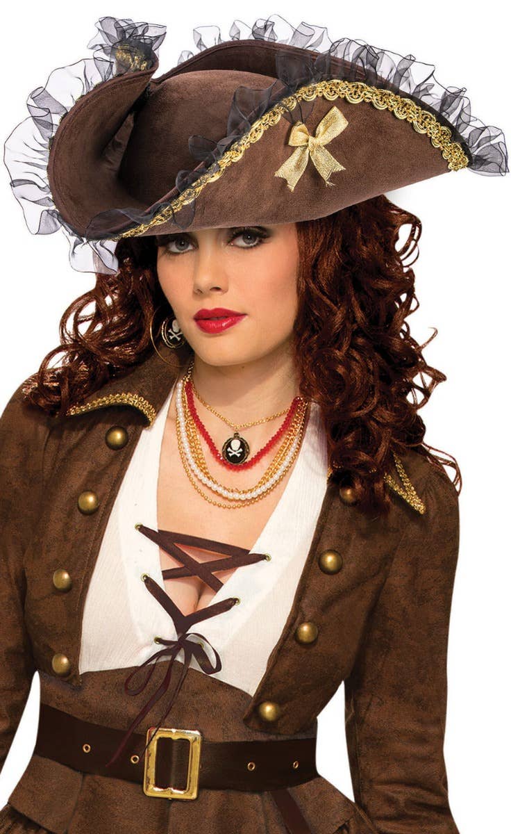 Women's Brown Pirate Tricorn Costume Hat with Lace Trim