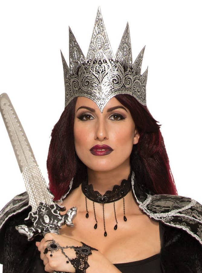 Image of Dark Royalty Silver Lace Crown Costume Accessory - Main Image