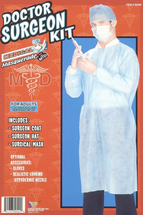 Medical Surgeon Scrubs Costume Kit with Blue Gown, Mask and Hat