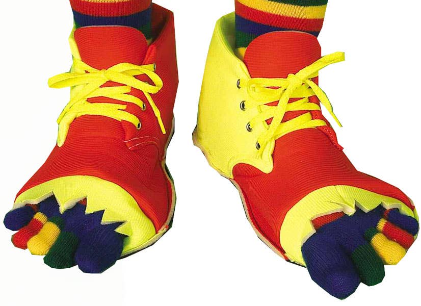 Adult's Funny Colourful Circus Clown Shoes And Toe Socks Costume Accessory Close Up View