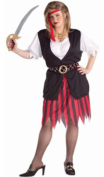 Jagged Red, White and Black Striped Pirate Costume for Women - Main Image