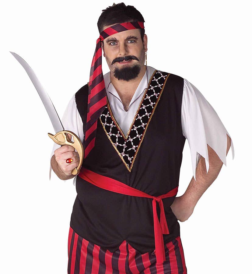 Plus Size Men's Black And Red Buccaneer Pirate Costume Close