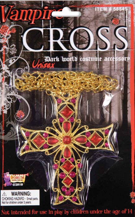 Gold Metal Vampire Cross Costume Jewellery with Faux Red Jewels