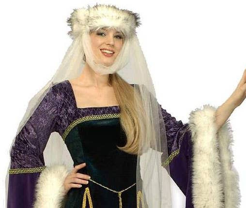 Deluxe Green and Purple Velvet Medieval Women's Costume - Close Up Image