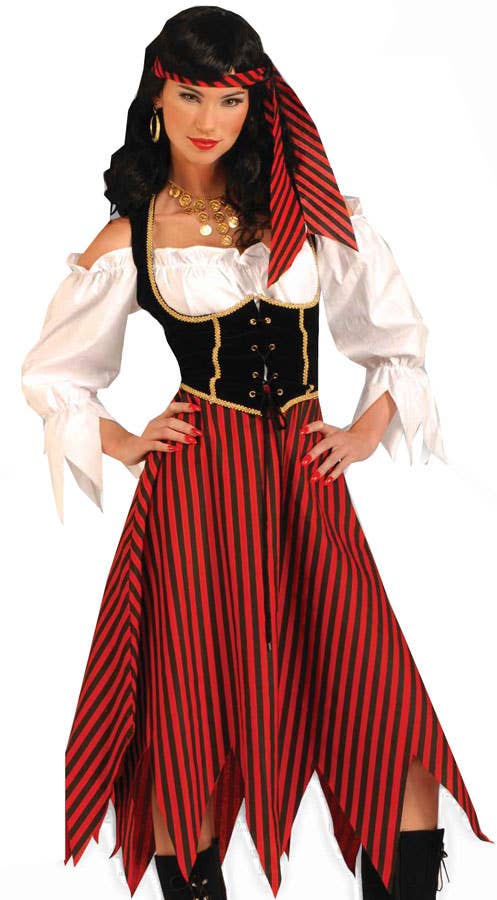 Black and Red Striped Pirate Maiden Costume for Women - Alternative Image