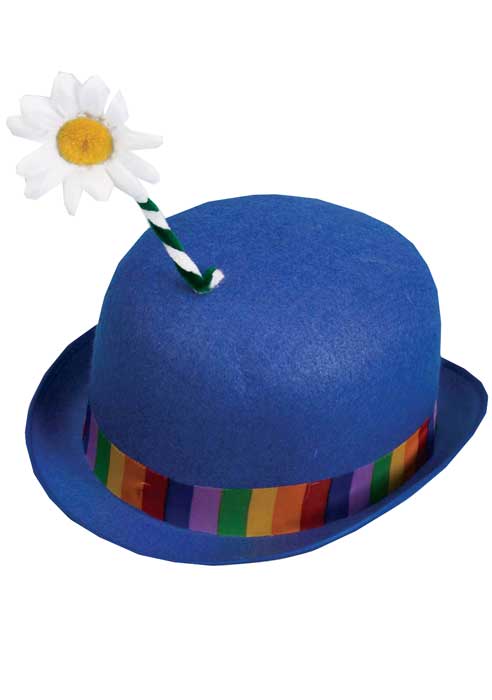 Blue Clown Bowler Costume Hat with Rainbow Band and Attached Flower