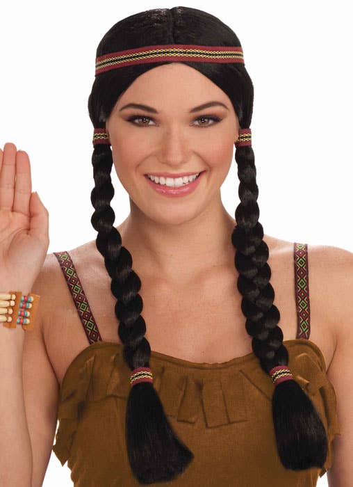 Long Black Braided Pigtails American Indian Costume Wig for Women