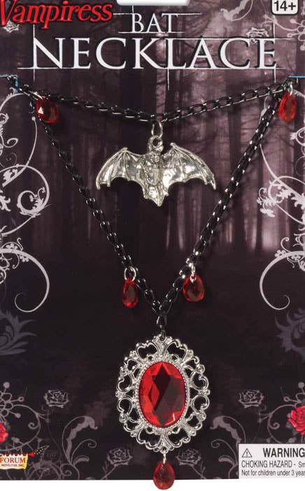Halloween Silver Necklace With Bat And Round Red Gem Forum Novelties Main Image Packaging