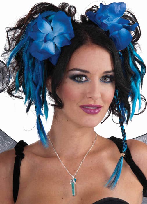 Synthetic Black and Blue Streaked Hair Hairpiece with Flowers